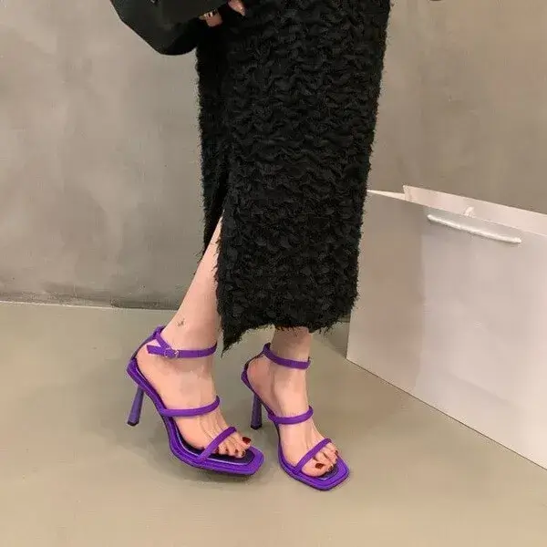 Shomnom Women Fashion Sexy Simple Strap Square Toe Heeled Sandals